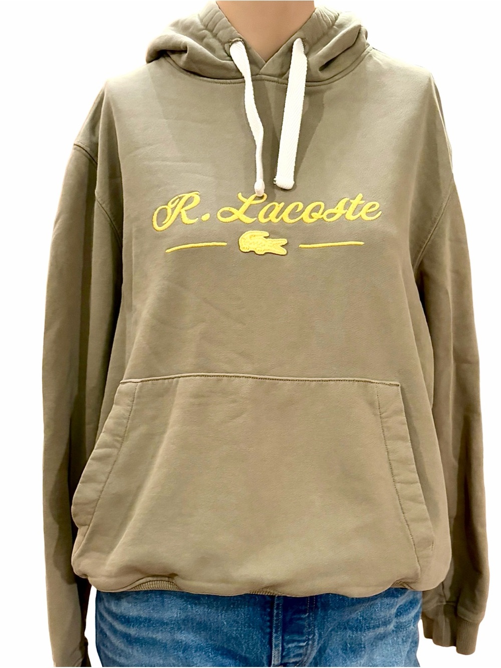 Lacoste Rare René Script Logo Hoodie L Sage Green Classic Fit 100% Cotton - Picture 2 of 13